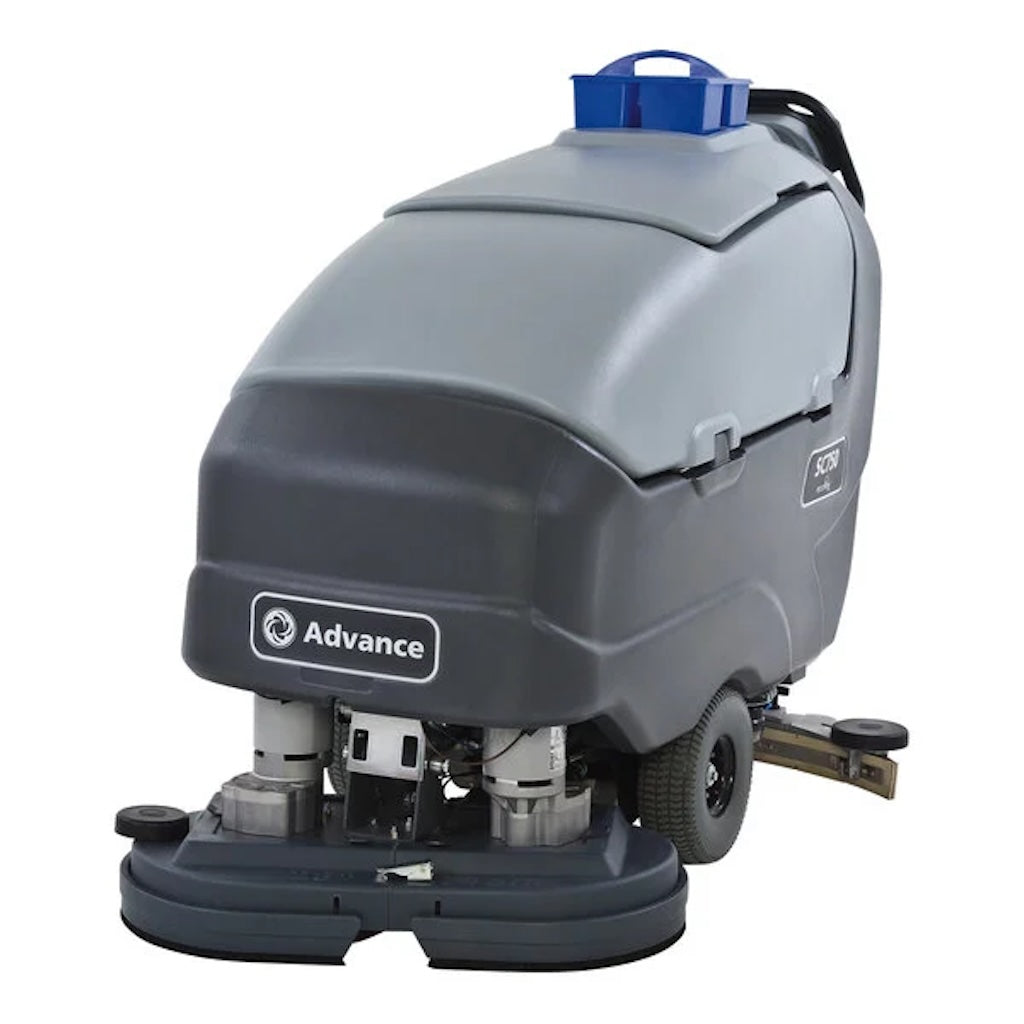 Advance SC750 28C 56112374 28" Cordless Walk Behind Cylindrical Floor Scrubber with 310 Ah Wet Batteries and Onboard Charger - 21 Gallon, 24V, 840 RPM