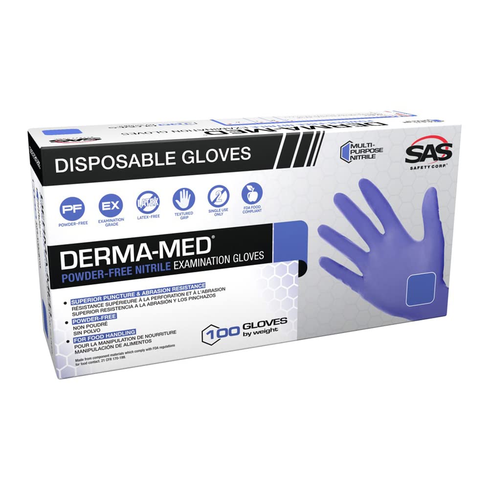 SAS Safety 66523 Derma-Med Powder-Free Nitrile Disposable Glove, Large, Pack of 100