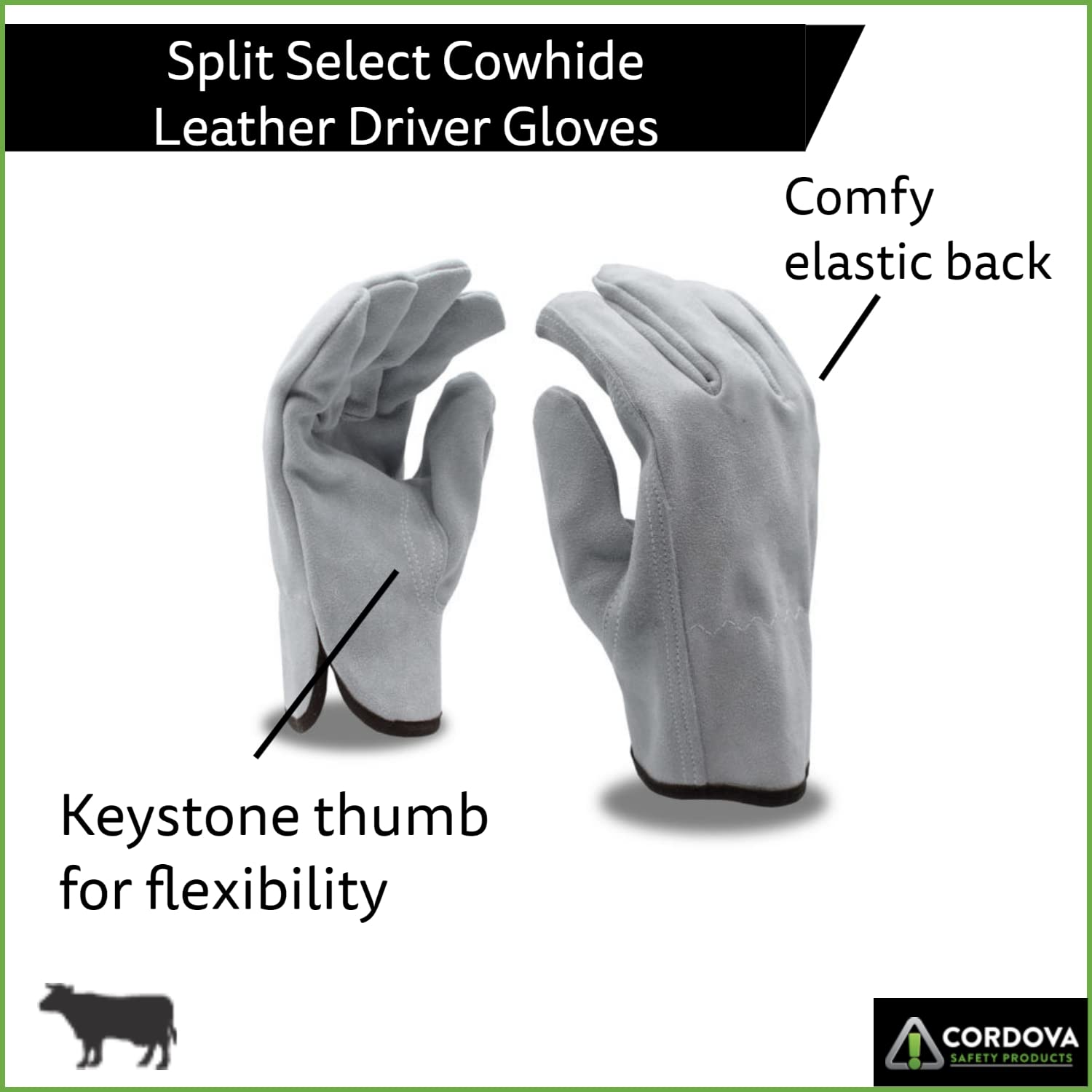 Cordova 7800M Select Split Leather Driver Gloves, Unlined, Shirred Elastic Back, Keystone Thumb, Gray