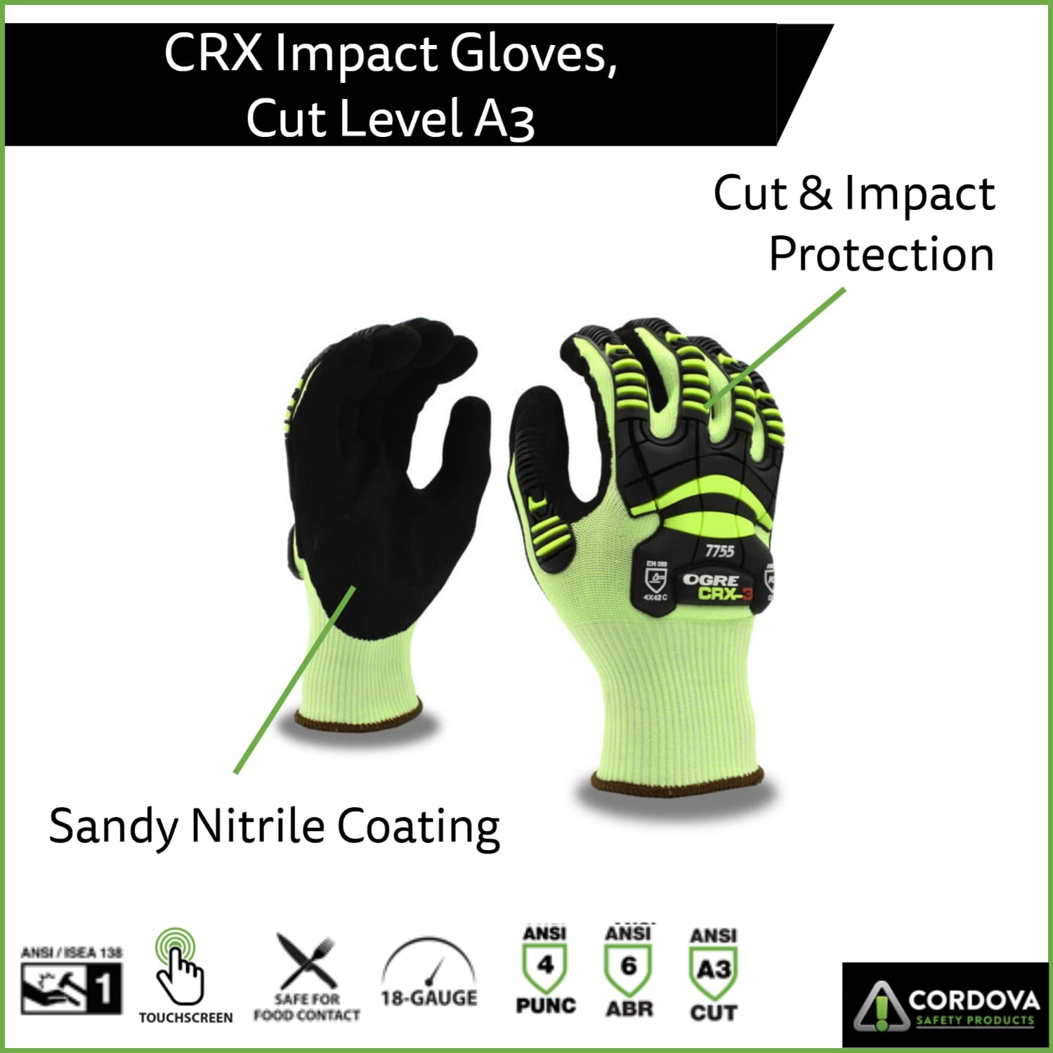Cordova 7755L OGRE CRX-3 Gloves, 15G Hi-Vis Green CRX Fiber (No Glass Or Steel), Black Sandy Nitrile Palm Coating, Sonic Welded TPR, ANSI Cut Level A3, Large, 3-Pack