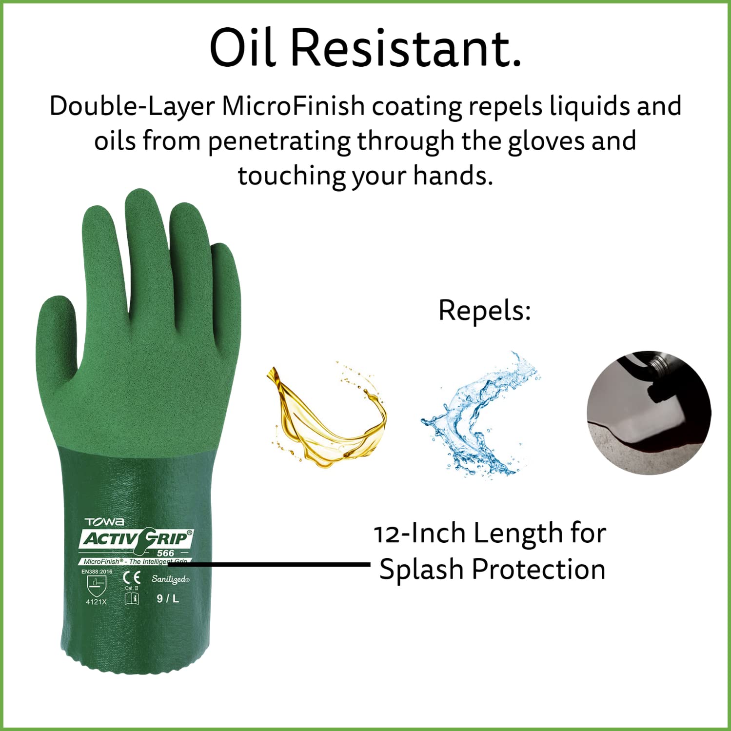 Cordova AG566 Oil-Resistant Gloves, 13-Gauge Polyester/Cotton, 12-Inch, MicroFinish Coating for Extra Grip and Oil Resistance, Abrasion Resistant, Comfy, Food Grade, Sanitized, Small, 12-Pack