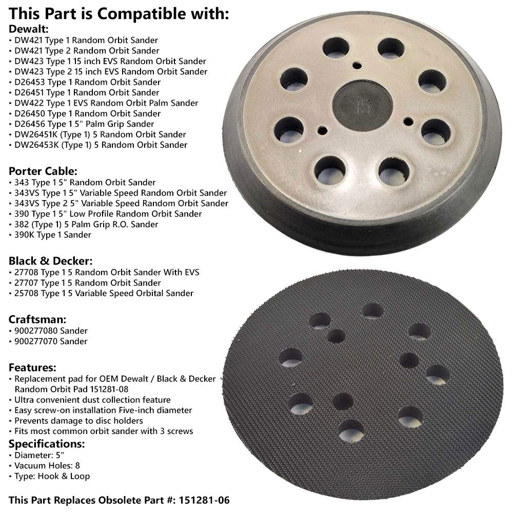 5" Dia 8 Hole Sander Hook and Loop Pad Replaces DeWalt OE # 151281-08