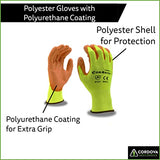 Cordova Cor-Brite 13-Gauge Gloves, Yellow Polyester Shell, Orange Polyurethane Palm Coating, 12-Pack
