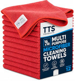 TTS Products Premium Microfiber Cleaning Towels, 16" x 16", Pack of 12, Multi-Purpose Lint-Free Towels for Auto Detailing, Kitchen, Glass & Household Cleaning