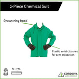 Cordova RS452G4XL Apex Fr .45 MM Green PVC/Nylon Scrim/PVC, 2-Piece Acid/Chemical Suit, Limited Flame Resistant, Storm Fly Front, Bib Style Pants With Suspenders, Attached Hood, 4X-Large, 3-Pack