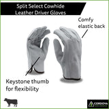 Cordova 7800M Select Split Leather Driver Gloves, Unlined, Shirred Elastic Back, Keystone Thumb, Gray