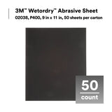 3M Wetordry Abrasive Sheet 213Q, 02038, 400+ Grit, 9 in x 11 in, Pack of 50 Sandpaper Sheets for Auto Sanding, Metal Sanding, Finishing, Paint Prep