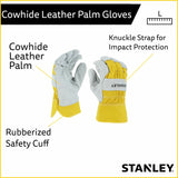 Stanley Select Cowhide spit Leather Palm Work and Safety Gloves - Yellow Canvas Back - Large