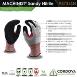 Cordova 3734SNL Machinist 13-Gauge Gloves, HPPE/Glass Shell, Black Sandy Nitrile Palm Coating, Nitrile Reinforced Thumb Crotch, ANSI Cut Level A4, Touchscreen Fingertips, Large, 3-Pack