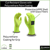 Cordova 3704 High-Visibility Cut-Resistant Gloves, HPPE with Added Steel/Glass Fibers, 13-Gauge, Polyurethane Coating for Grip, ANSI Cut Level A4