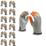 Cordova Standard Grain Cowhide Driver Gloves, Unlined, Shirred Elastic Back, Orange Sewn Finger Tips, Keystone Thumb, 12-Pack