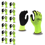 Cordova 3991XL Contact Gloves, 13-Gauge, Hi-Vis Green Nylon Shell, Black Foam Latex Palm Coating, X-Large, 12-Pack