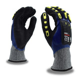 Cordova 3726TPRL Tuf-Cor Impact Gloves, 13-Gauge HPPE/Glass Fiber Shell, Blue Nitrile Full Coating, Black Sandy Nitrile Palm Coating, TPR Protectors, ANSI Cut Level A4, Large, 3-Pack