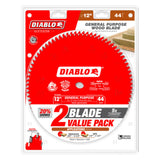 Diablo General Purpose Carbide Circular Saw Blade with Perma-Shield Non-Stick Coating - Ideal For Cross-Cutting or Ripping Projects - 12" x 44-Tooth, 2-Pack - D124444VP