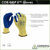 Cordova Cor-Grip Gloves, 10-Gauge, Yellow Poly/Cotton Shell, Blue Latex Palm Coating, 12-Pack