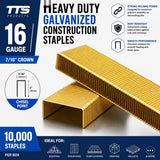 16 Gauge 7/16" Crown Staples, 1-1/4" Length, Galvanized Heavy-Duty Construction Staples, 10,000 Count