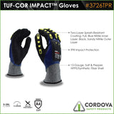 Cordova 3726TPRL Tuf-Cor Impact Gloves, 13-Gauge HPPE/Glass Fiber Shell, Blue Nitrile Full Coating, Black Sandy Nitrile Palm Coating, TPR Protectors, ANSI Cut Level A4, Large, 3-Pack