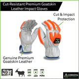 Cordova 8535 OGRE-GT Premium Grain Goatskin Driver Gloves, Aramid/Glass Fabric Lined, Padded Double Palm, Keystone Thumb, Orange TPR Protectors, ANSI Cut Level 4