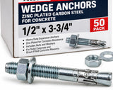 Aerosmith WAG12334 1/2" x 3-3/4" Zinc Plated Carbon Steel Wedge Anchors for Concrete, Heavy Duty Expansion Bolts with Nuts and Washers, 50 Pack