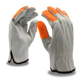 Cordova Standard Grain Cowhide Driver Gloves, Unlined, Shirred Elastic Back, Orange Sewn Finger Tips, Keystone Thumb, 12-Pack