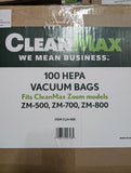 CleanMax Hepa Vacuum Bags. Fits Zoom 500, 700, and 800 Cordless Vacuums CLH-6 CLH-100 100 BAG CASE **BUY IN BULK**