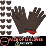 Cordova 1600 Red Lined Gloves, Slip-On Style, Brown Jersey, Large, 12-Pack