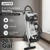 Dapper Supply 26.5 Gallon 11 Peak HP Wet/Dry Vacuum, Stainless Steel Tank,