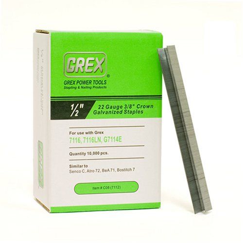GREX C08 22 Gauge 3/8-Inch Crown 1/2-Inch Length Galvanized Staples (10,000 per box)