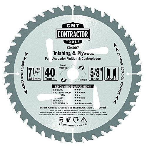 CMT K04007-X10 ITK Contractor Finishing Saw Blade Masterpack, 7-1/4 x 40 Teeth, 10° ATB with 5/8-Inch<> bore - 10-Pack