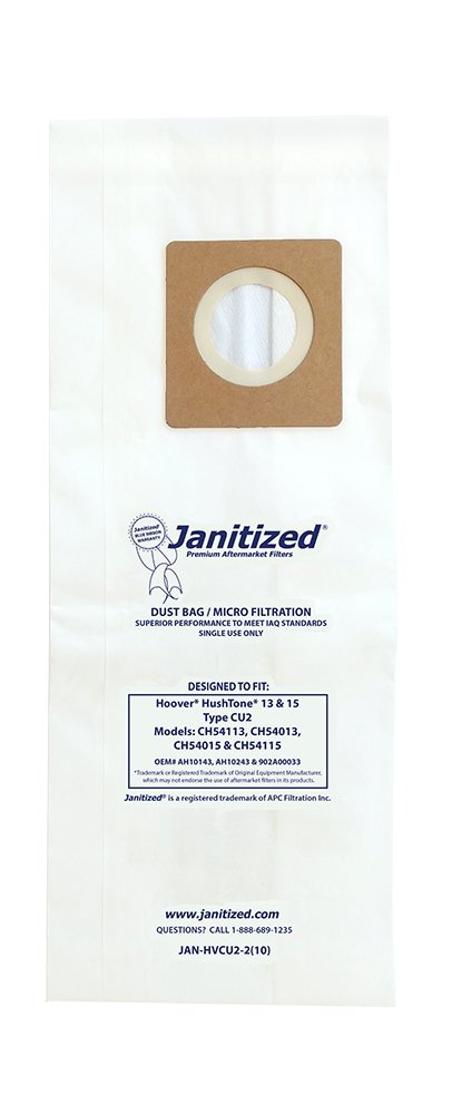 Janitized JAN-HVCU2-2(10) premium replacement commercial vacuum bag for Hoover Hushtone 13" & 15", OEM# AH10243, 902A00033 (Pack of 10)