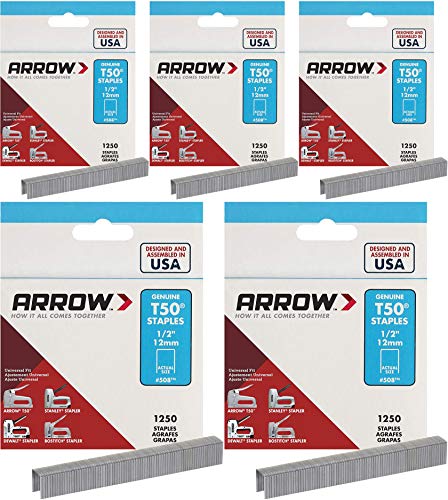 Arrow Fastener 508 Genuine T50 1/2-Inch Staples, 5 Pack