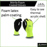 Cold Snap Gloves, 7-Gauge, Hi-Vis Green, Brushed, Loop-In, Acrylic Terry Shell, Black Foam Latex Palm Coating