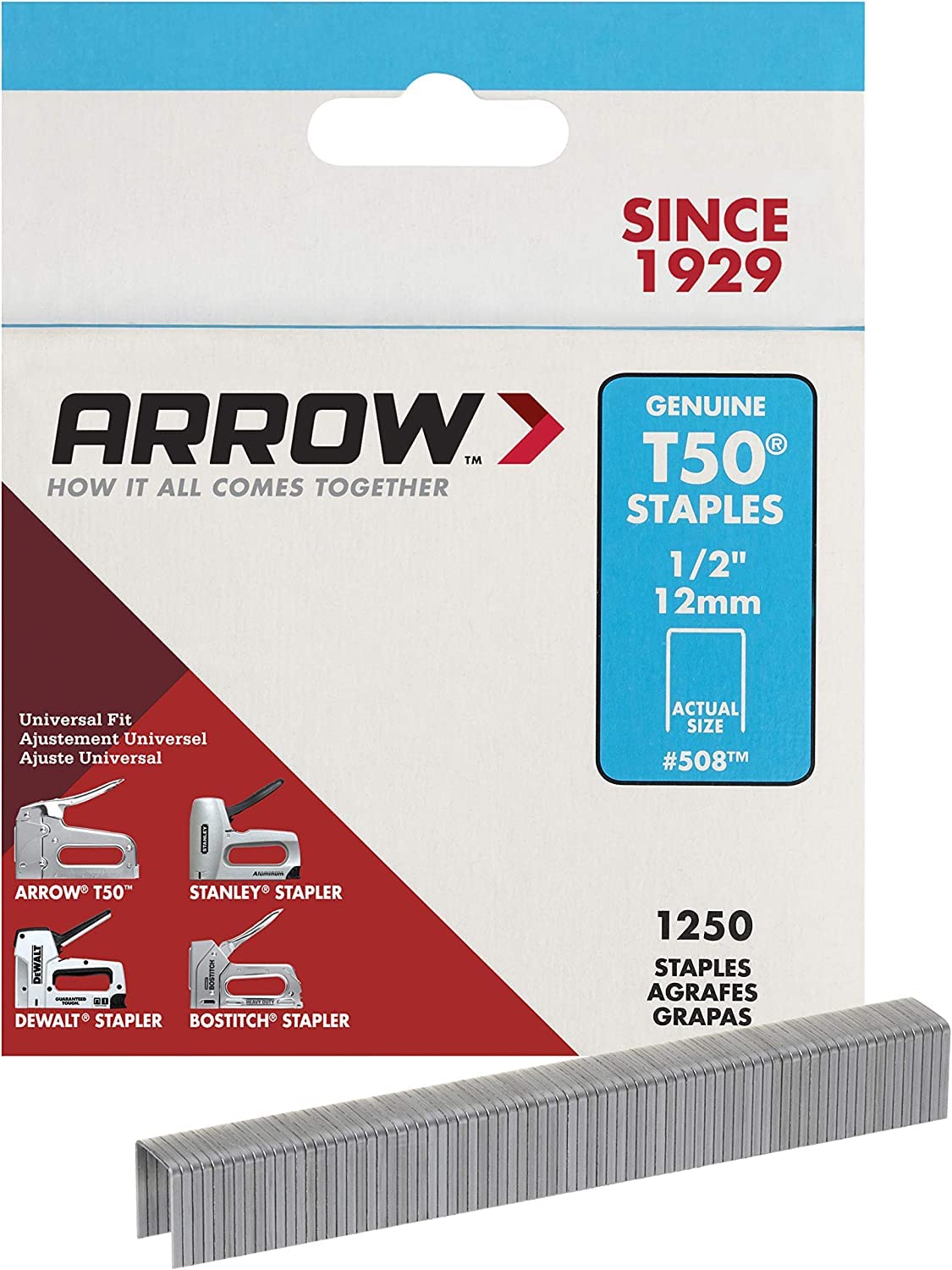 Arrow 508 Genuine T50 1/2-Inch Staples, 1,250-Pack