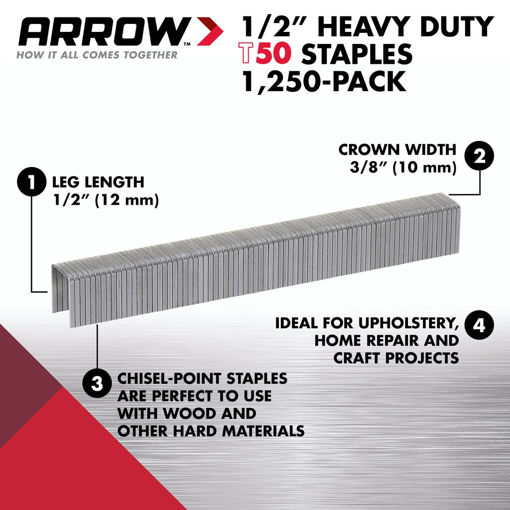 Arrow Heavy Duty T50 Staples for Upholstery, Construction, Furniture